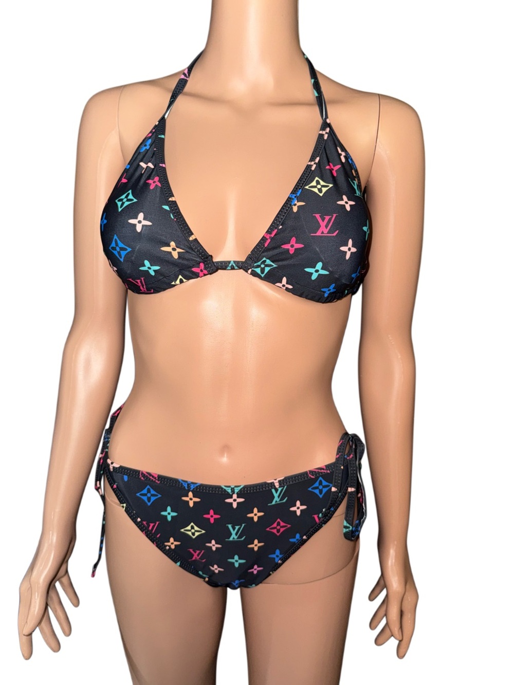 Colorful Monogram Print Triangle Bikini Set